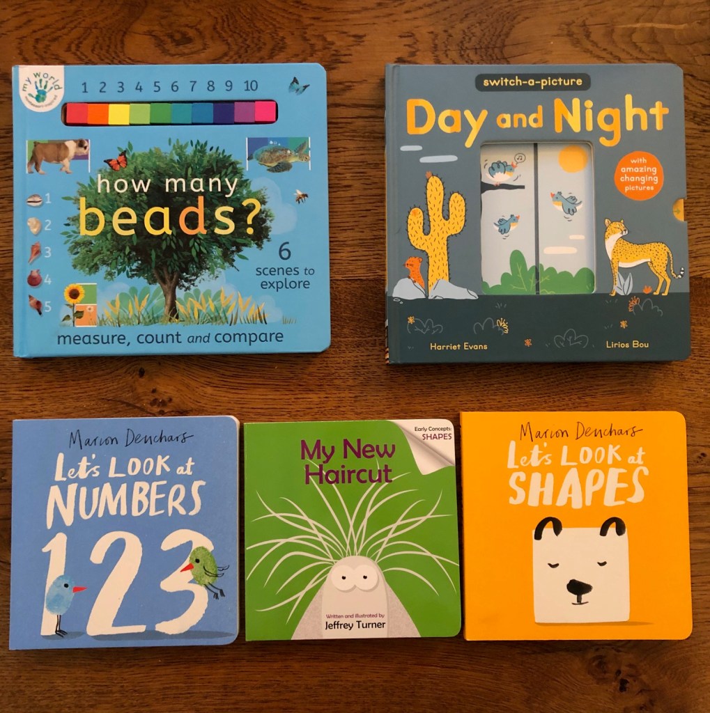 Five STEM Board Books. How Many Beads? Day and Night. Let's Look at Numbers. My New Haircut. Let's Look at Shapes.