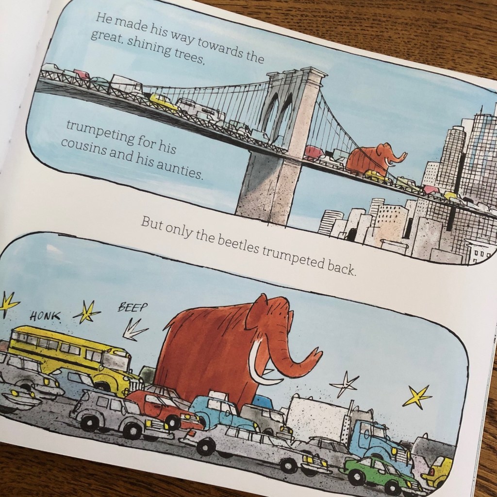 An Ice Age Mammoth in modern day picture book by Anna Kemp and Adam Beer Simon and Schuster 